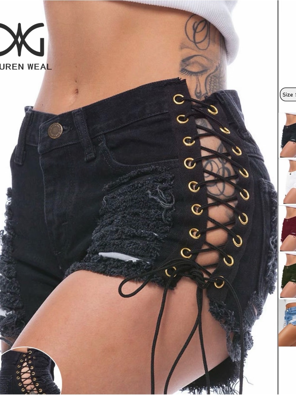 Black Lace-Up Distressed Women's Denim Shorts
